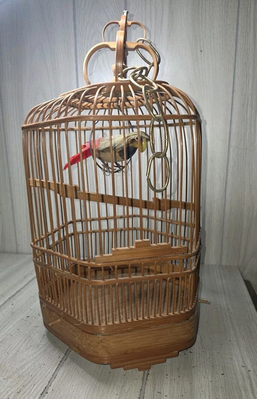 Antique 1930s Asian Bamboo Bird Cage W/Realistic Feathered Bird Intricate Ornate